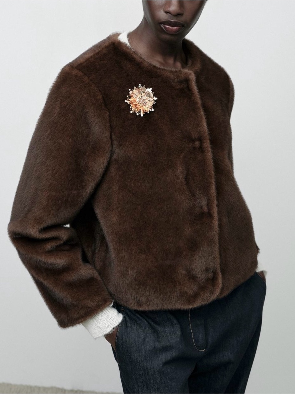 Zara Faux Fur Brown Plush Jacket Coat Collarless Brooch Evening L